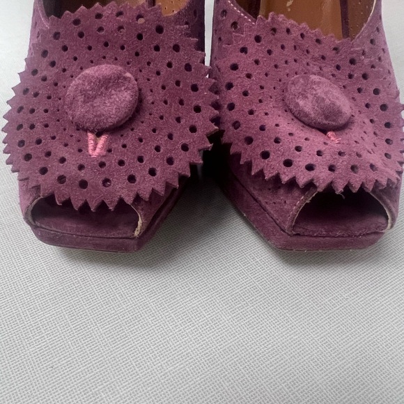 Delman Suede Retro Peep-toe Purple Heels - Picture 4 of 7